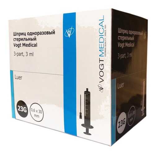 Шприц одноразовый стерильный Vogt Medical 3 мл с иглой 23G 1 1/4 (0,6*30мм) luer 100 шт в Аптека Миницен